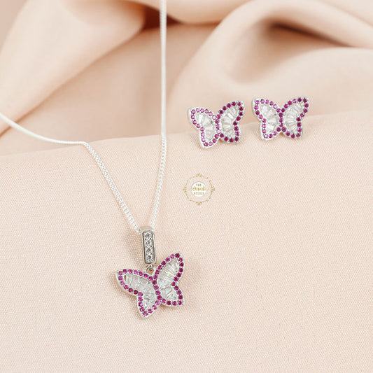 Sparkling Silver Blushing Butterfly Necklace with Earring