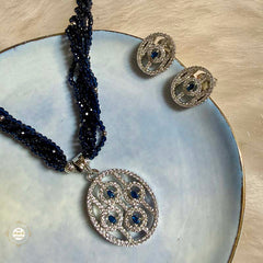 Sterling Silver Sparkling Blue Orbit Necklace with Earring