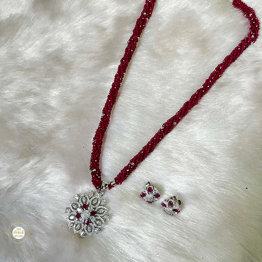 Sterling Silver Sparkling Ruby Blossom Necklace with Earring