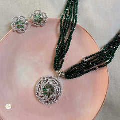 Sparkling Silver Emerald Glow Necklace with Earring