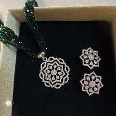 Sterling Silver Sparkling Emerald Lotus Necklace with Earring