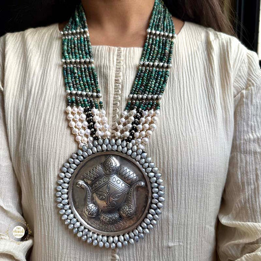Sterling Silver Hand Carved Turquoise Durga Necklace