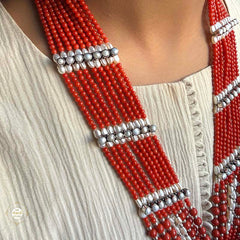 Sterling Silver Hand Carved Coral-Pearl Durga Necklace set