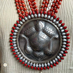 Sterling Silver Hand Carved Coral-Pearl Durga Necklace set