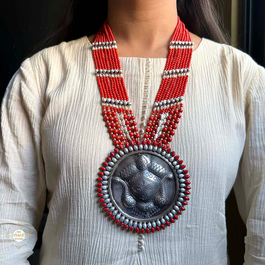 Sterling Silver Hand Carved Coral-Pearl Durga Necklace set