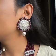 Sterling Silver Hand Carved Ruby Durga Necklace Set