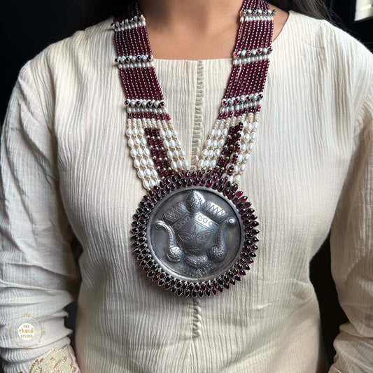 Sterling Silver Hand Carved Ruby Durga Necklace Set