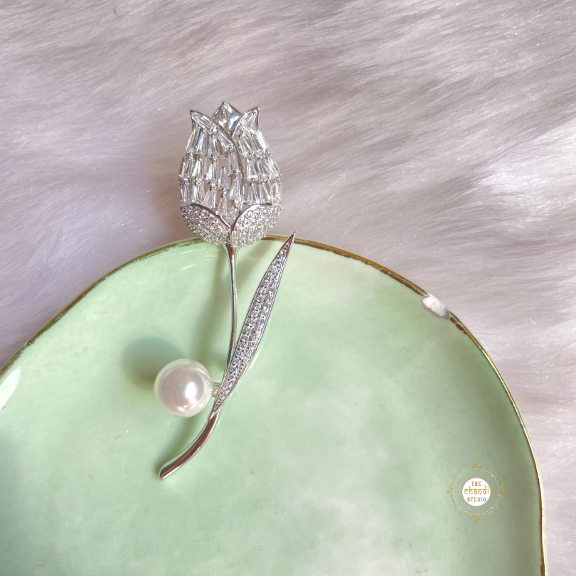 Sparkling Silver Lotus Pearl Brooch