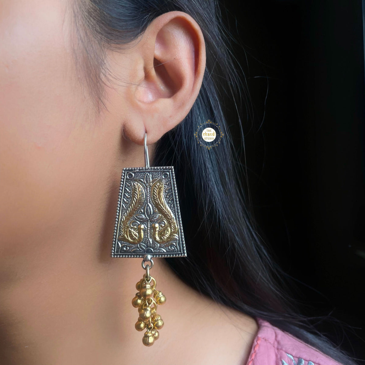 Sterling Silver Peacock Ghungroo Earring Dual Tone