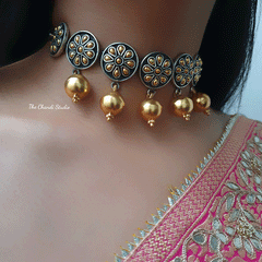 Dual Tone Round Flower Ball Drop Necklace Set