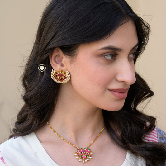 Kundan Rajwada Ruby Lotus Neckalce (Made To Order)