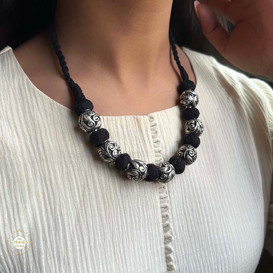 Sterling Silver Chitai Bead  Black Thread Necklace