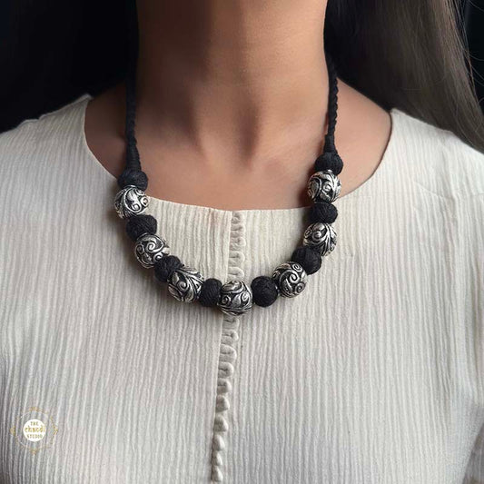 Sterling Silver Chitai Bead  Black Thread Necklace