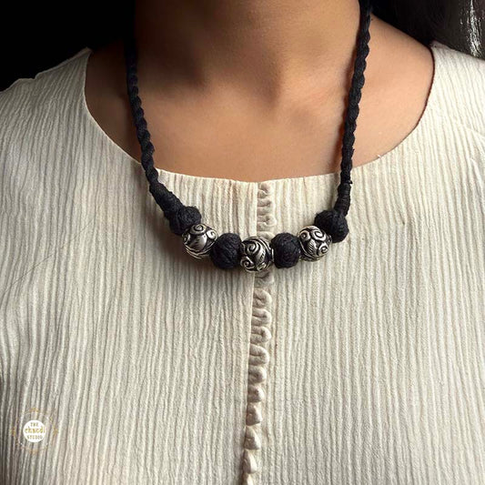 Sterling Silver Chitai Bead  Black Thread Necklace