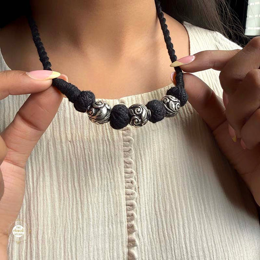 Sterling Silver Chitai Bead  Black Thread Necklace
