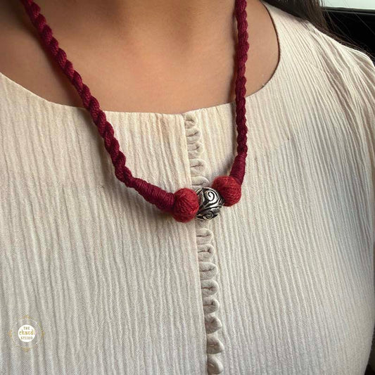 Sterling Silver Chitai Bead  Mahroon Thread Necklace