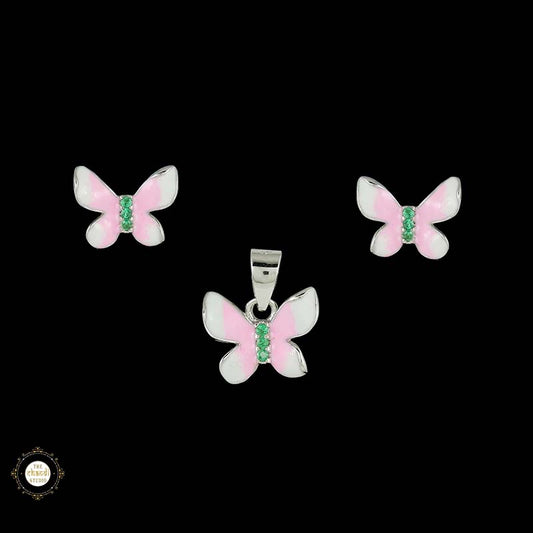 Sterling Silver Sparkling Silver Pink Flutter Pendant Set