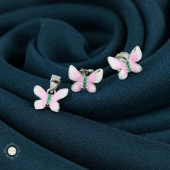 Sterling Silver Sparkling Silver Pink Flutter Pendant Set
