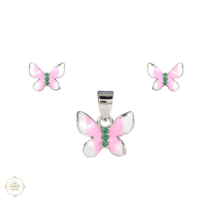 Sterling Silver Sparkling Silver Pink Flutter Pendant Set