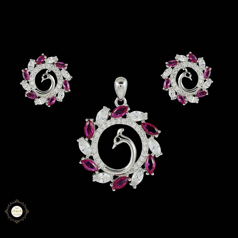Sterling Silver Sparkling Rose Bloom Pendant Set