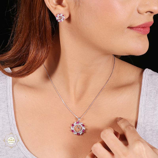 Sterling Silver Sparkling Rose Bloom Pendant Set