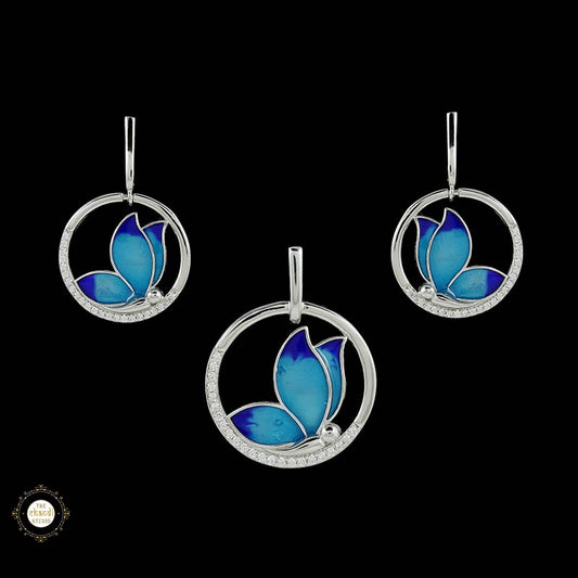 Sterling Silver Sparkling Silver Blue Wings Pendant Set