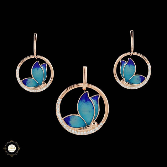 Sterling Silver Sparkling Silver Blue Wings Pendant Set