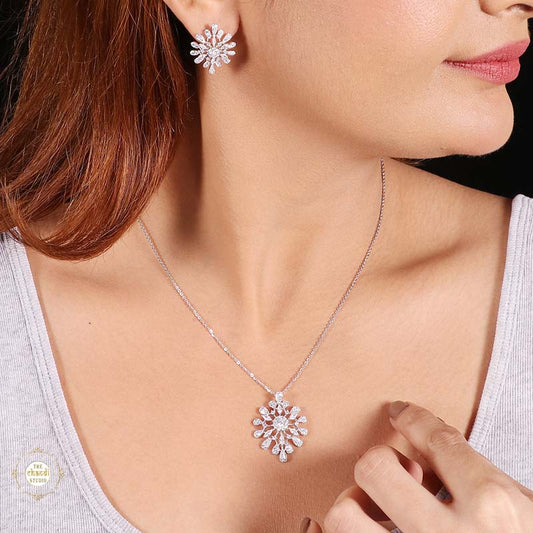 Sterling Silver Sparkling Silver Shimmer Bloom Pendant Set