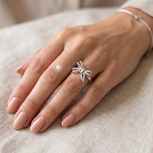 Sparkling Silver Ribbon Bow Ring