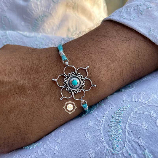 Sterling Silver Floral Paradise Rakhi (Turquoise)