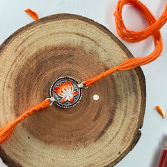 Sterling Silver Flower Meenakari Rakhi -Orange