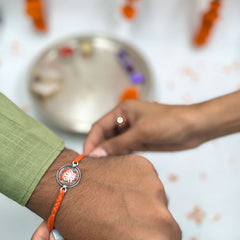 Sterling Silver Flower Meenakari Rakhi -Orange