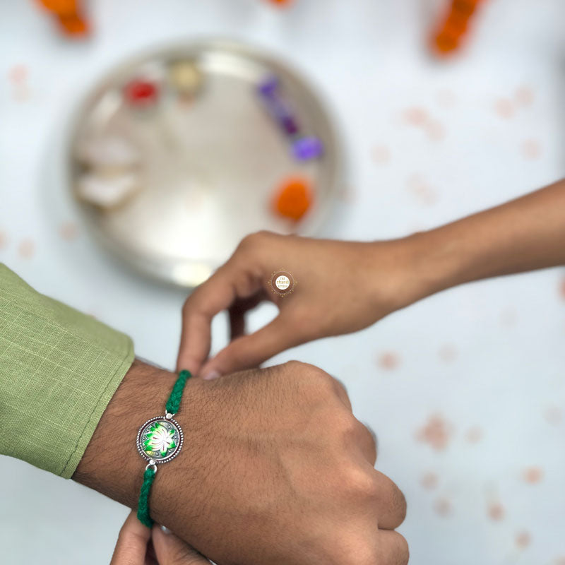 Sterling Silver Flower Meenakari Rakhi -Green