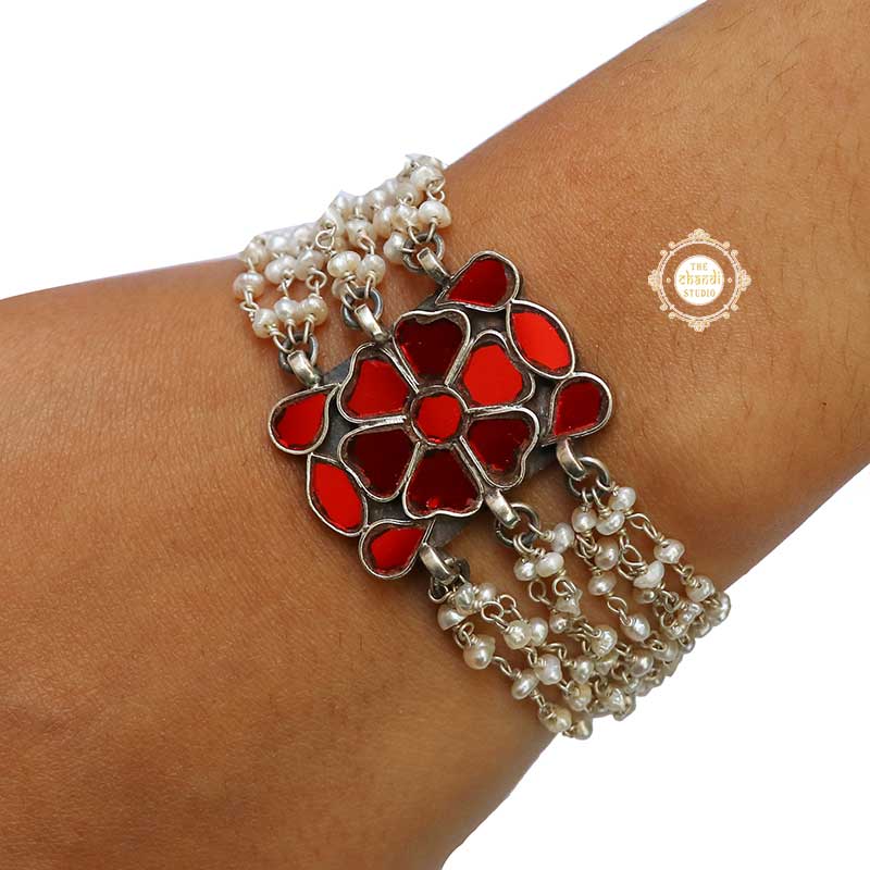 Sterling Silver Afghan Red Glass Bracelet