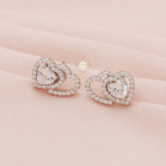 Sparkling Silver Double Hearts Stud