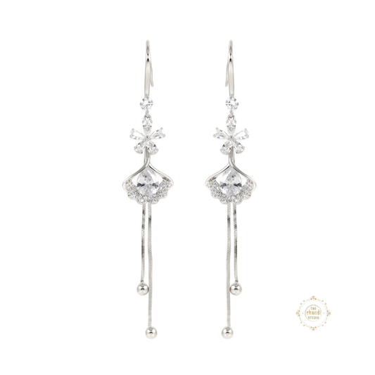 Sparkling Silver Flower Drop Tassel Earring