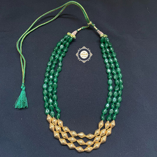 Trio Strand Dholki Bead Gold Necklace (Green)