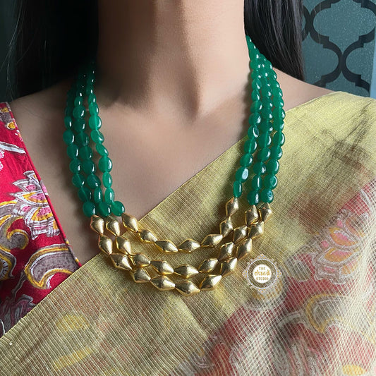 Trio Strand Dholki Bead Gold Necklace (Green)