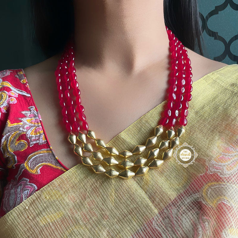 Trio Strand Dholki Bead Gold Necklace (Ruby)