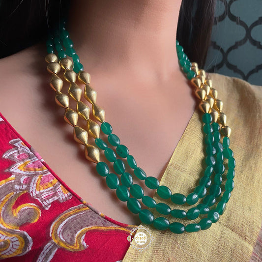 Trio Strand Dholki Bead Gold Necklace (Green)