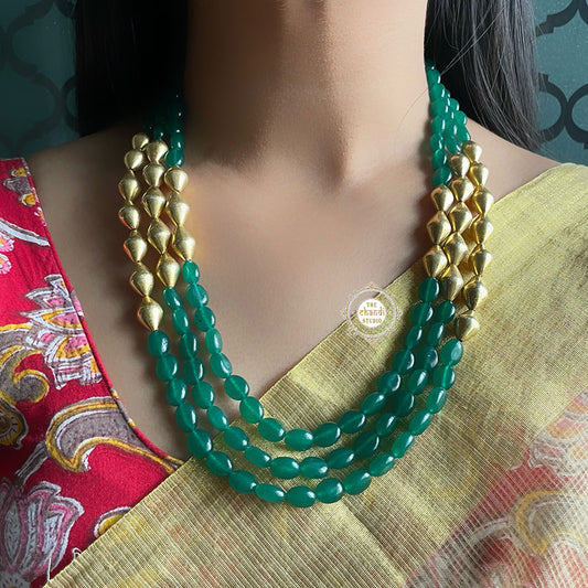 Trio Strand Dholki Bead Gold Necklace (Green)