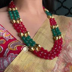 Trio Strand Dholki Bead Gold Necklace (Multi-Color)