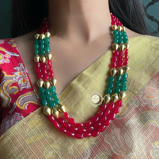 Trio Strand Dholki Bead Gold Necklace (Multi-Color)