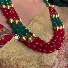 Trio Strand Dholki Bead Gold Necklace (Multi-Color)