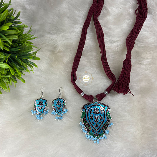 Peacock Enamel Thread Necklace With Earring