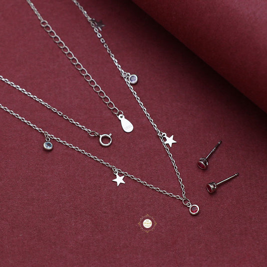 Sparkling Silver Star and Moon Necklace With Earring