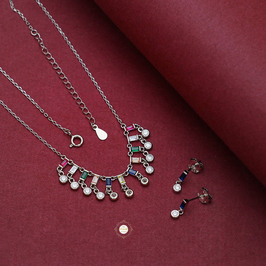 Sparkling Silver Multi Stone Necklace With Earring