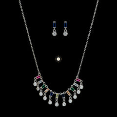 Sparkling Silver Multi Stone Necklace With Earring