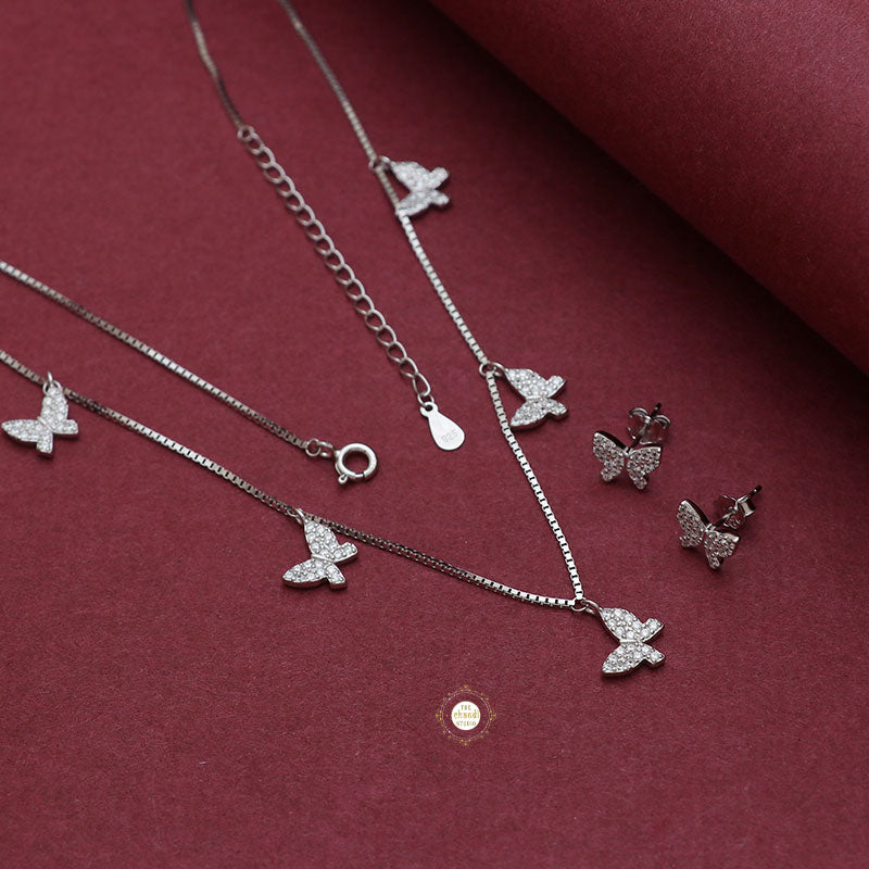 Sparkling Silver Butterfly Necklace with Earring