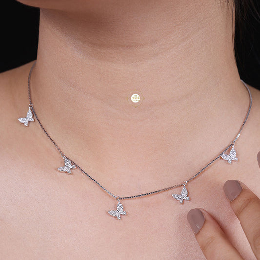 Sparkling Silver Butterfly Necklace with Earring